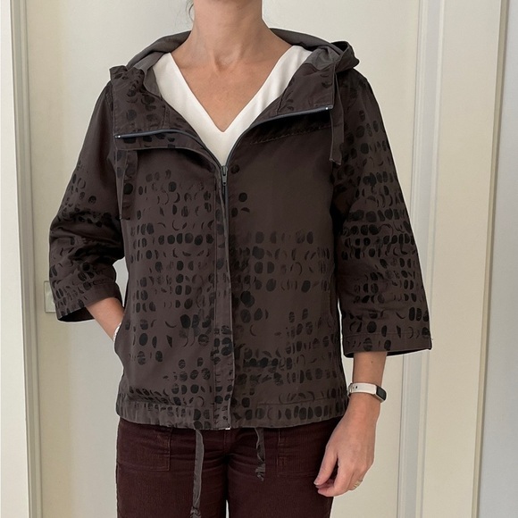 LODEN Khaki Abstract Print Hood Zip Front Jacket 3/4 Sleeve Artsy Layer Canada - Picture 1 of 16